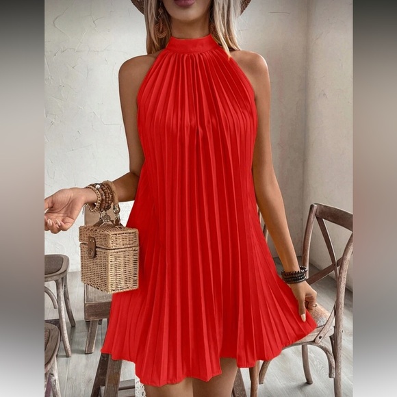 Elegant Cream and Rust Pleated Halter Dress - Picture 3 of 16